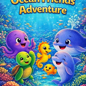 May include: A vibrant illustration titled "The Ocean Friends Adventure" features cartoon sea creatures. A purple octopus, green turtle, yellow seahorse, and orange fish swim with blue dolphins and whales in a colorful underwater scene.
