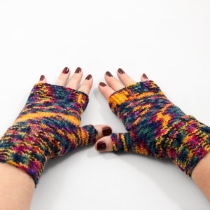 Hand Knitted Fingerless Mittens, Fingerless Gloves - Green, Blue, Yellow and Pink, Size Medium and Large