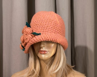 Crochet Cloche Hat with Crochet Flower - Peach with Flowers, Size L