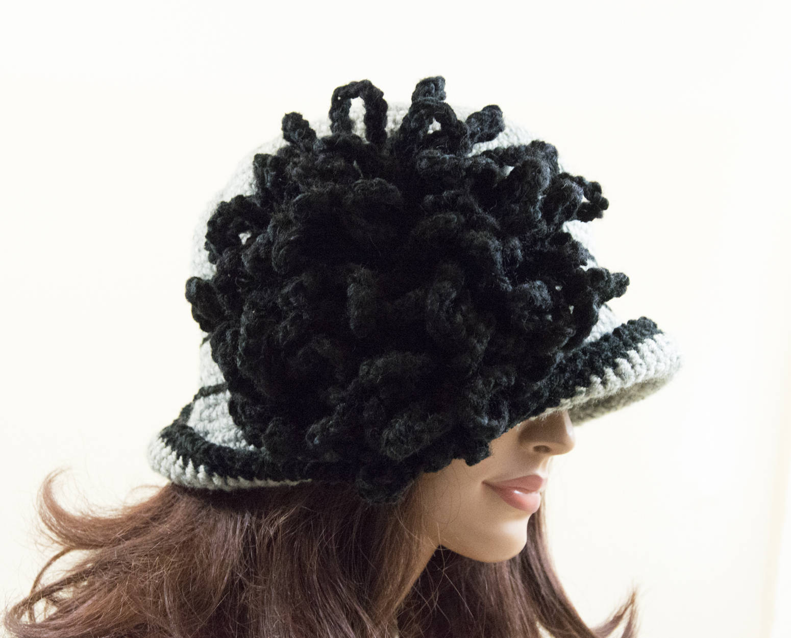 Black Crochet Cloche Hat with Gray Flower Accents Crochet Vintage Flowered Cloche Pattern | Classy Crochet main image 2