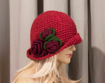 Crochet Cloche Hat with Crochet Flower - Red with Dark Red Flower, Size M/L