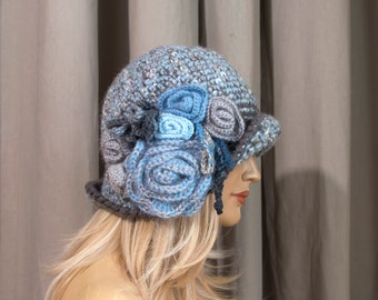 Crochet Cloche Hat with Crochet Flower - Blue and Gray with Blue Flower, Size M