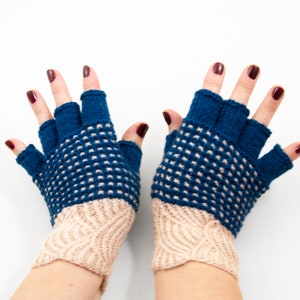 Hand Knitted Fingerless Gloves - Blue and Cream, Size Medium