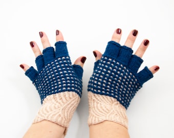 Hand Knitted Fingerless Gloves - Blue and Cream, Size Medium