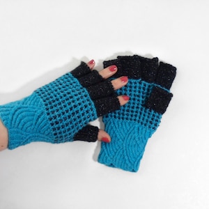 Hand Knitted Fingerless Gloves - Blue, Size Medium