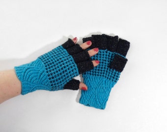 Hand Knitted Fingerless Gloves - Blue, Size Medium