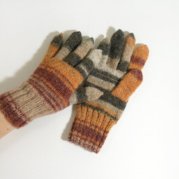 Hand Knitted Gloves - Brown, Red, Black, Size Medium