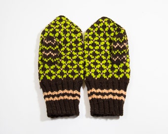 Hand Knitted Mittens - Dark Brown and Green, Size Small/Medium