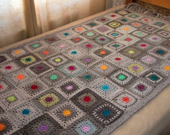 Crochet Granny Square Blanket, Wool Mohair Blanket, Sofa Throw, Bed Runner, Home Decor, Boho Style, Gray with Rainbow Spots