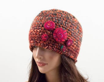Crochet Beanie Hat, Crochet Cloche Hat - Brown, Orange, Gray and Red, Size L, Gift for Her, Autumn Color Hat, Bright Accessory
