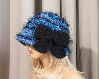 Crochet Cloche Hat with Black Knitted Bow , Crochet Bucket Hat - Blue, Violet, Turquoise and Black, Size L