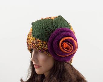 Crochet Beanie Hat with Large Flower, Crochet Cloche Hat, Women Beanie, Gift for Her, Yellow, Orange, Mustard, Green and Violet, Size M