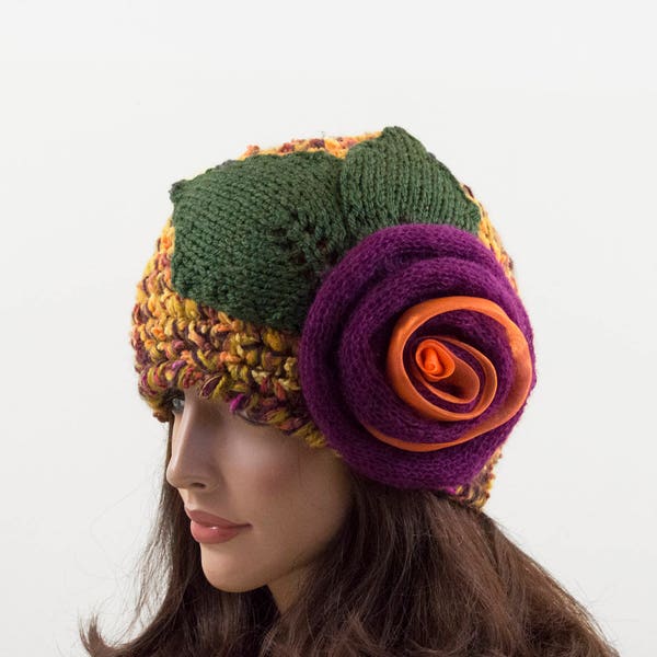 Crochet Beanie Hat with Large Flower, Crochet Cloche Hat, Women Beanie, Gift for Her, Yellow, Orange, Mustard, Green and Violet, Size M