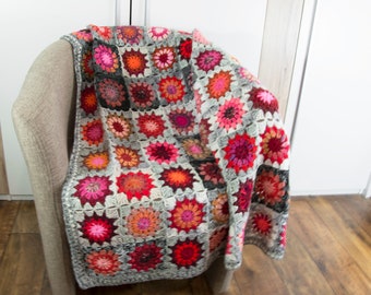 Crochet Granny Square Blanket, Handmade Blanket, Wool Blanket, Home Decor, Baby Blanket, Sofa Throw, Lap Blanket - Gray, Red and Pink