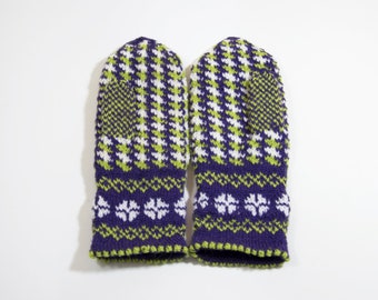 Mitaines tricotées - violet, vert et blanc, taille petite