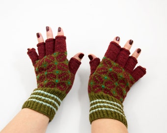 Hand Knitted Fingerless Gloves - Red and Green, Size Medium