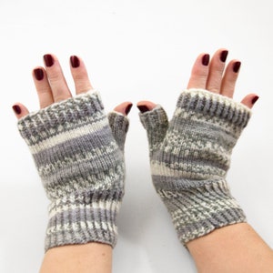 Hand Knitted Fingerless Mittens, Fingerless Gloves - Gray and White, Size Medium