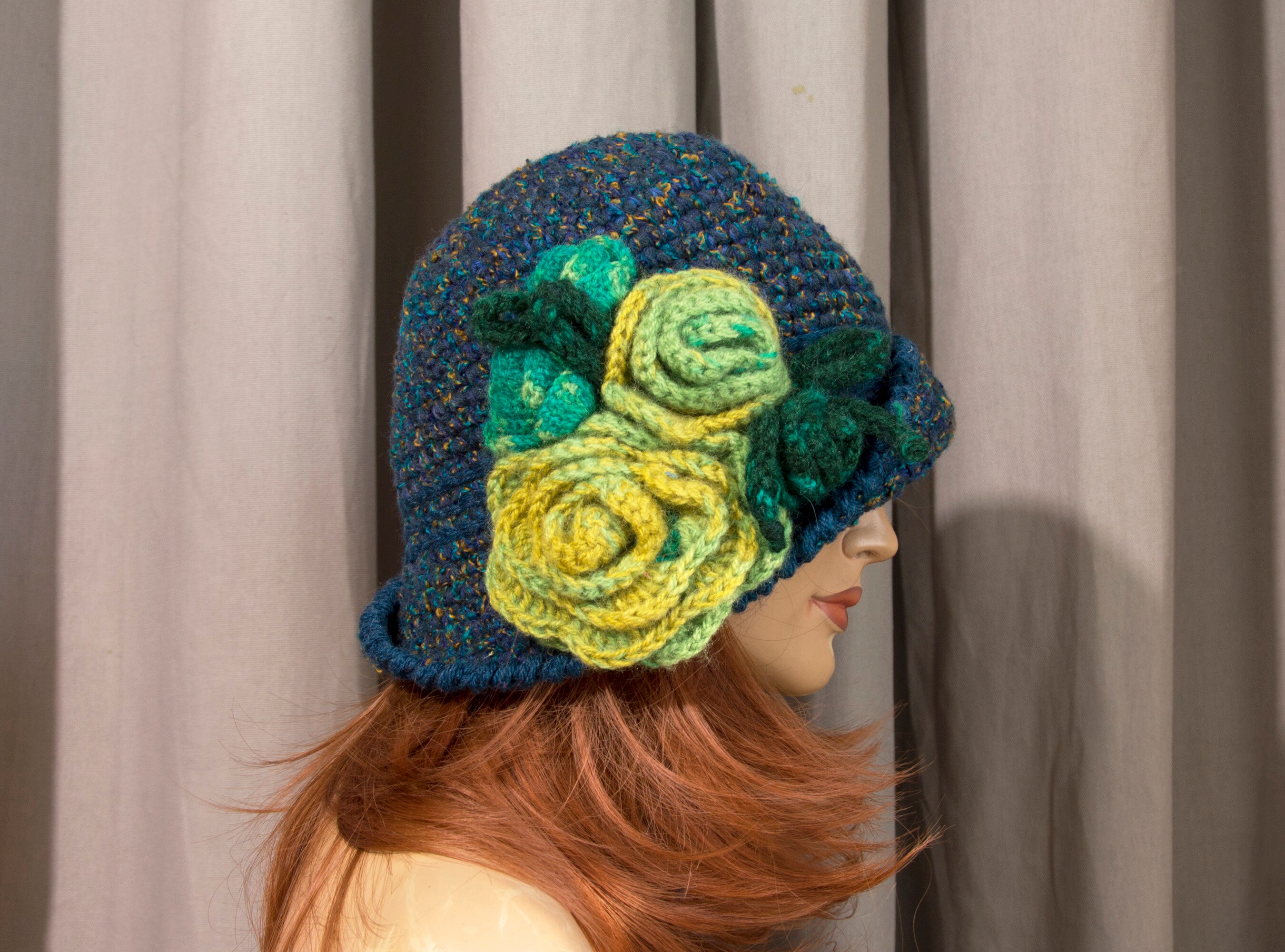 Crochet Cloche Hat With Crochet Flower - Blue and Green With 