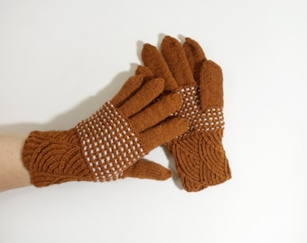 Hand Knitted Gloves - Brown, Size Medium