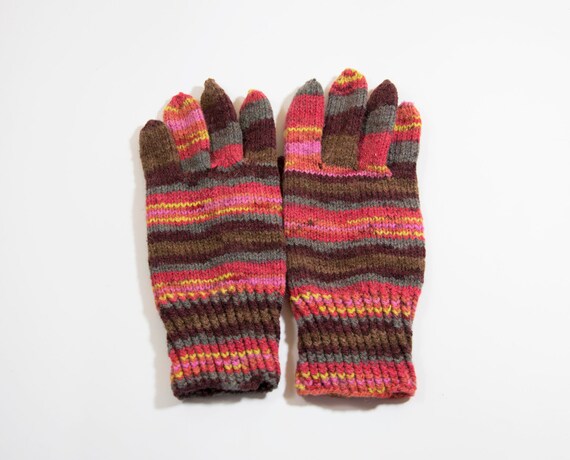 Hand Knitted Gloves - Red, Brown and Yellow, Size Small