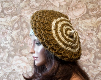 Crochet French Style Beret Hat Tweed Effect Yarn - Brown and Gray, Size M