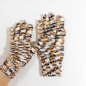 Hand Knitted Gloves - White, Brown and Dark Brown, Large