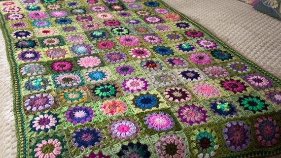 Crochet Granny Square Blanket, Handmade Blanket - Spring Blossom Colors