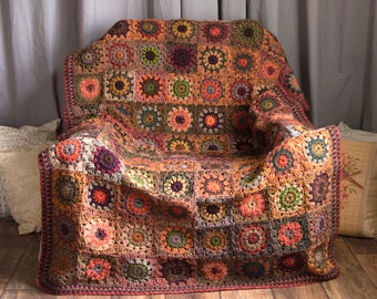 Crochet Granny Square Blanket, Handmade Blanket, Knit Bed Spread, Autumn Colors