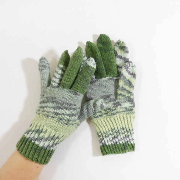 Knitted Men's Gloves - Gray, Green, Size Medium