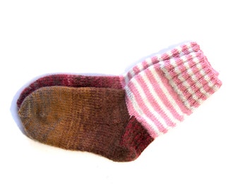 Hand Knitted Socks - Size S (9'', 23 cm), Brown, Pink and White.