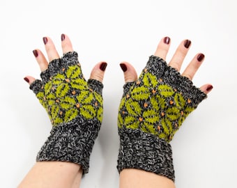 Hand Knitted Fingerless Gloves - Gray and Green, Size Medium