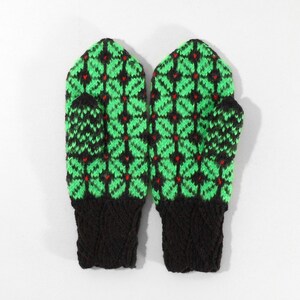 Hand Knitted Mittens - Dark Brown and Green, Size Medium