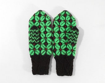 Hand Knitted Mittens - Dark Brown and Green, Size Medium