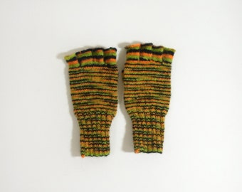 Hand Knitted Fingerless Gloves - Black, Green, Orange, Size Medium