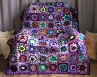 Crochet Granny Square Blanket, Handmade Blanket, Purple and Violet with Flowers