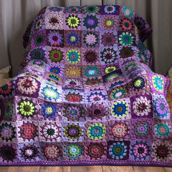 Crochet Granny Square Blanket, Handmade Blanket, Purple and Violet with Flowers