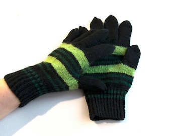 Hand Knitted Gloves - Black and Green, Large