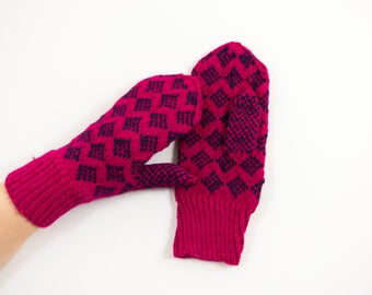 Hand Knitted Mittens - Pink and Blue, Size Medium