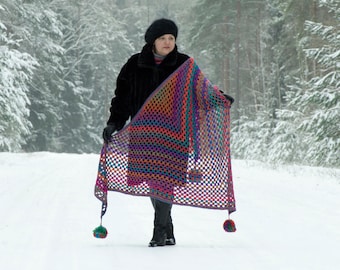 Crochet Triangle Shawl with Pom-Poms -Rainbow Shawl, Colorful, Purple, Blue, Orange...