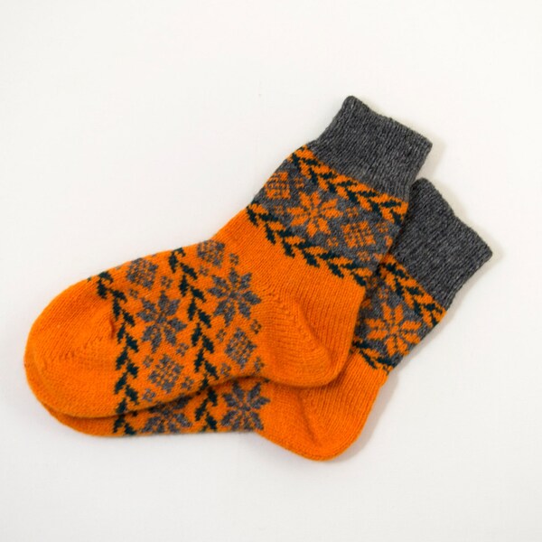 Knitted Wool Socks, Folk Pattern Socks - Orange and Gray, Size Large