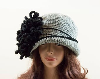 Crochet Cloche Hat with Crochet Flower - Gray and Black, Size L