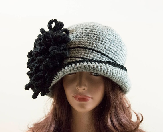 Gray Crochet Cloche Hat with Floral Accents Gray Crochet Cloche Hat with Floral Accents main image 4