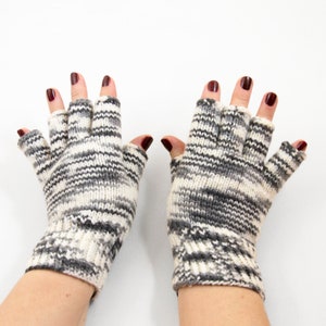 Hand Knitted Fingerless Gloves - Black and White, Size Medium