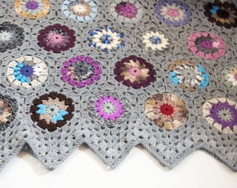 Crocheted Hexagon Blanket - Gray with Colorful Vibrant Motifs, Granny Square Blanket, Granny Hexagon Blanket, Lap Blanket