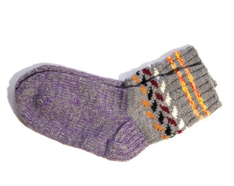 Hand Knitted Wool Socks - Size Large, Gray and Purple