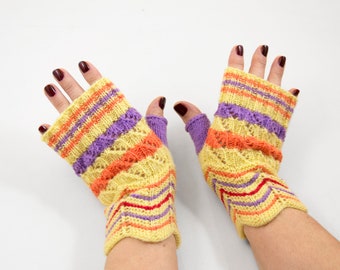 Hand Knitted Fingerless Mittens, Fingerless Gloves - Yellow, Orange and Lilac, Size Medium