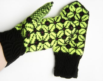 Hand Knitted Mittens - Neon Yellow and Dark Brown