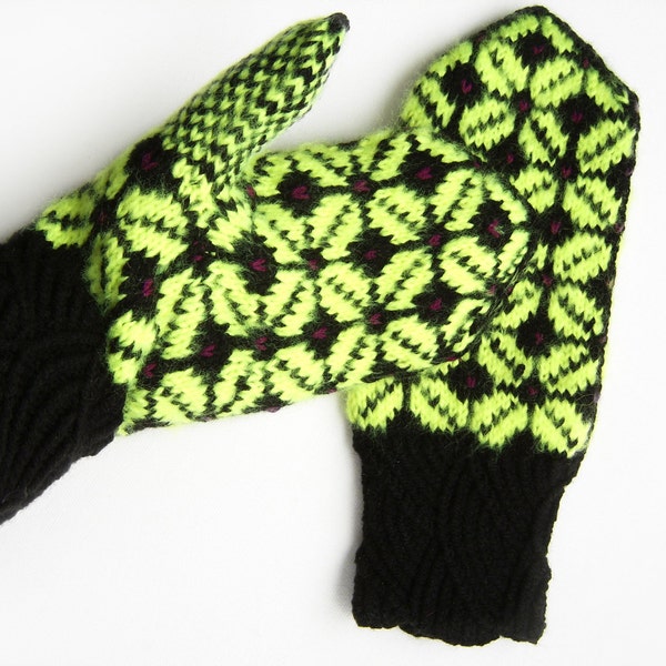 Mitaines tricotées à la main - Jaune néon et brun foncé