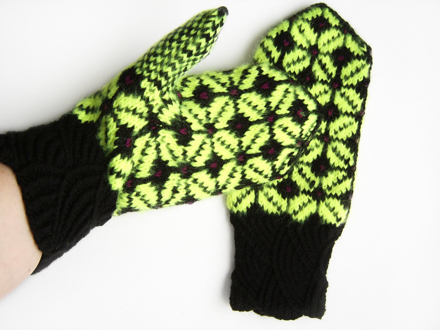 Hand Knitted Mittens Neon Yellow and Dark Brown - Etsy