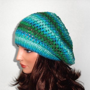 Hand Knitted Hat Hand Knit Slouchy Hat Knitted Slouchy Beanie Stylish Hat Slouchy Beret Shades of Green image 3